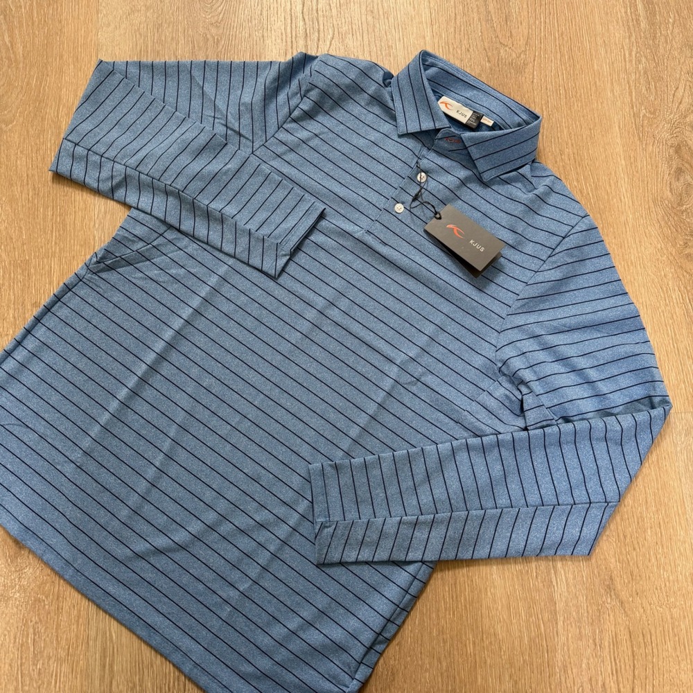 KJUS Soren Melange Stripe Golf Polo L/S Mens 52 L Blue Long Sleeve UPF 50+ NWT